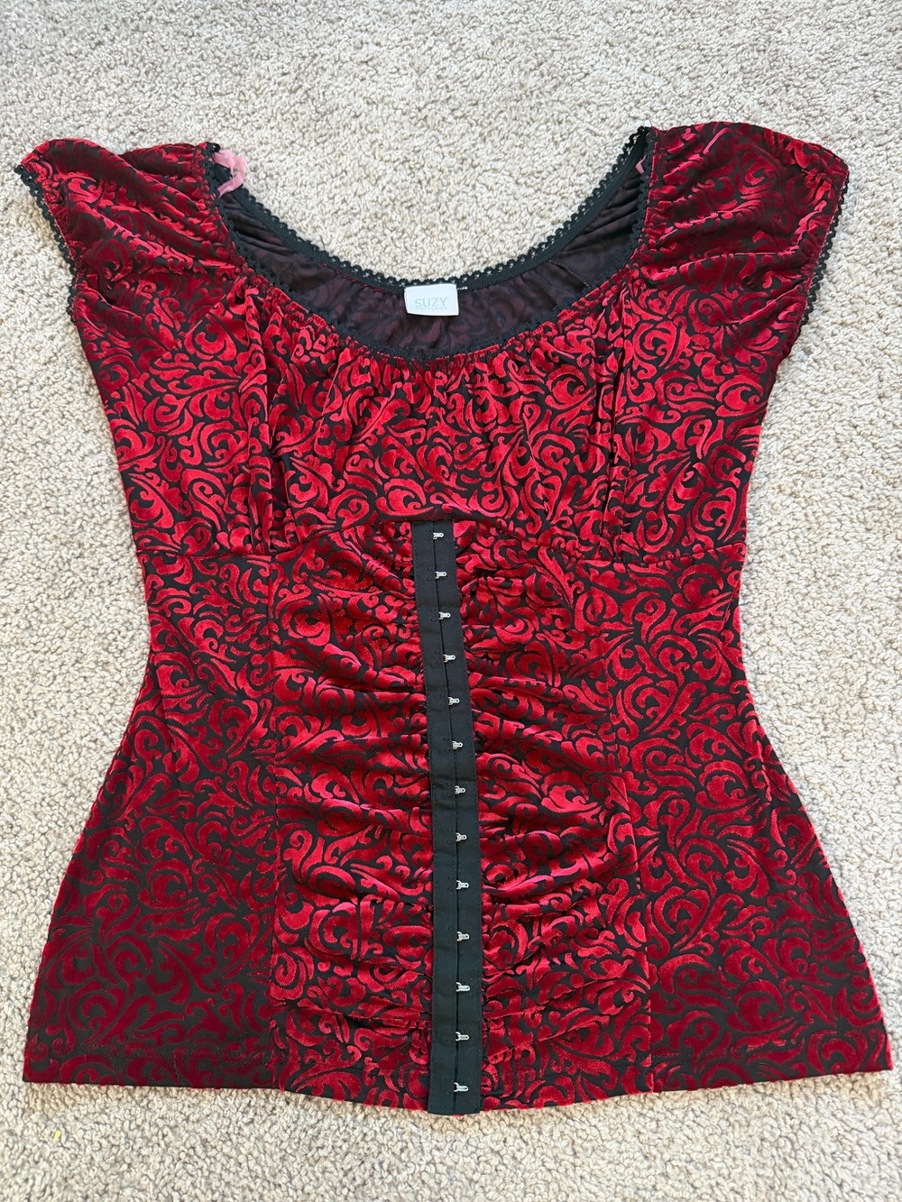 Y2K Suzy Shier Goth Vampire Red Lace Corset top grunge filigree